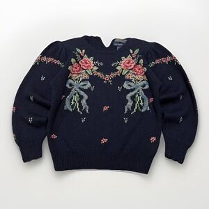 Herman Geist Womens Navy Blue Hand-Embroidered Floral Wool-Blend Sweater M